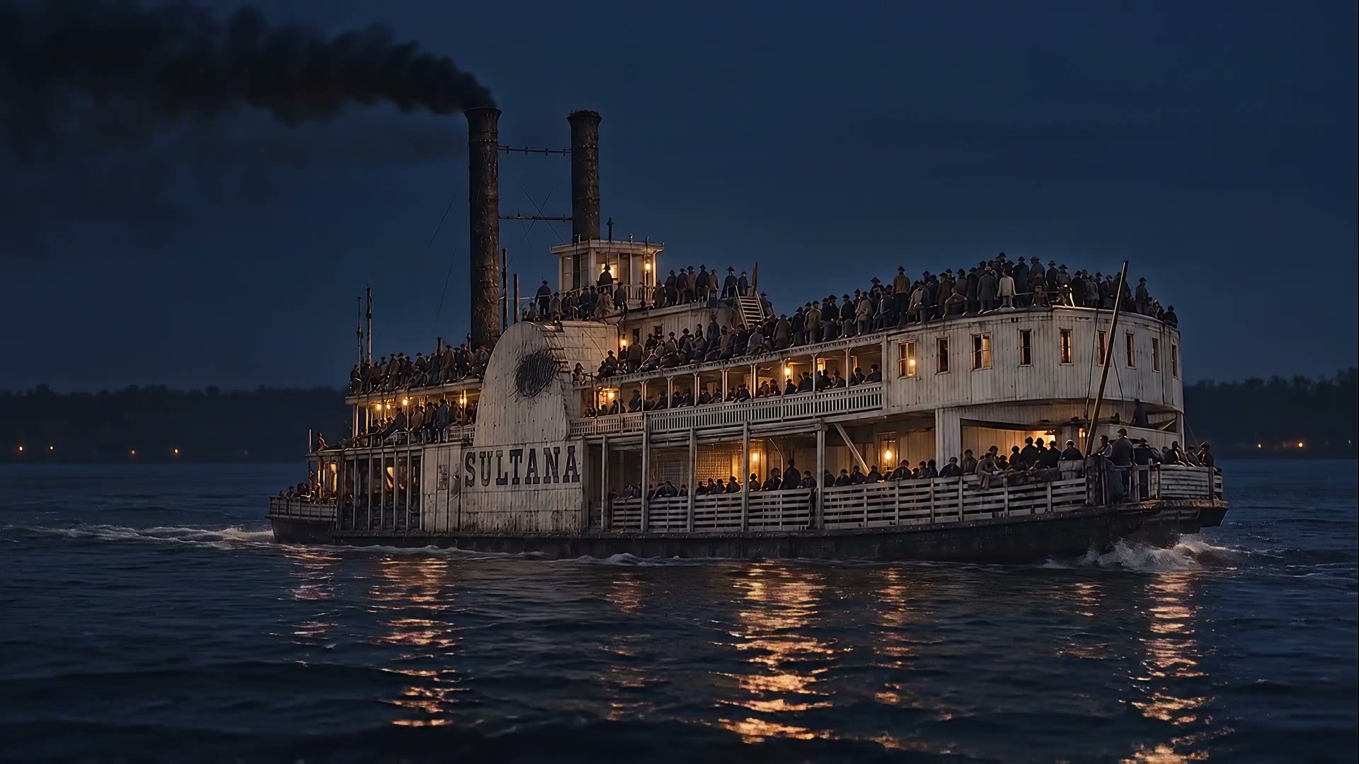 Sultana moving north on the dark Mississippi before the disaster